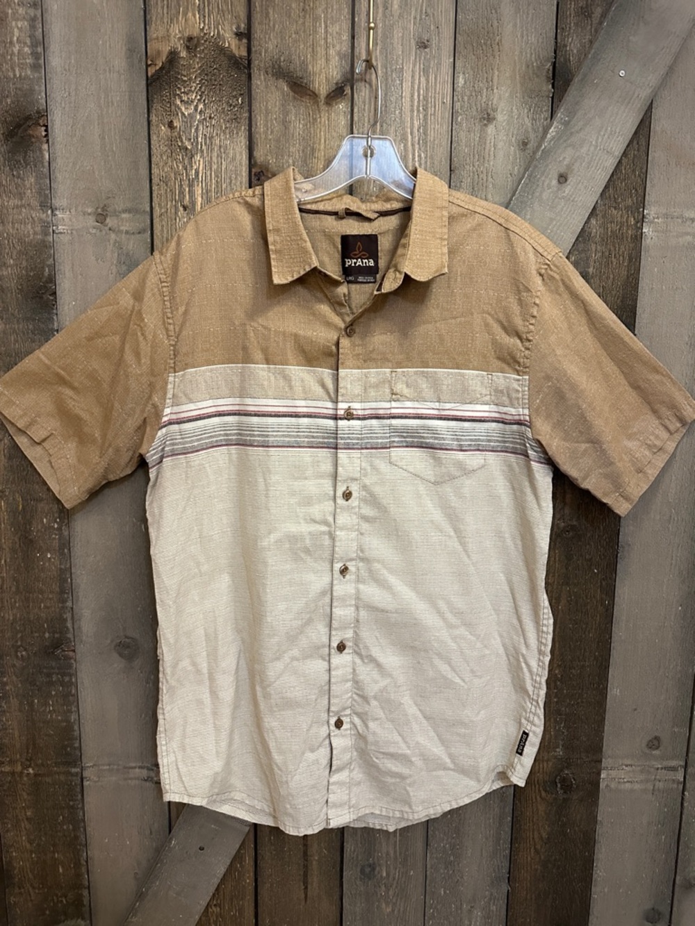 PrAna Men’s Tan Short Sleeve Button up Shirt Tan Striped Pocket Casual | Large